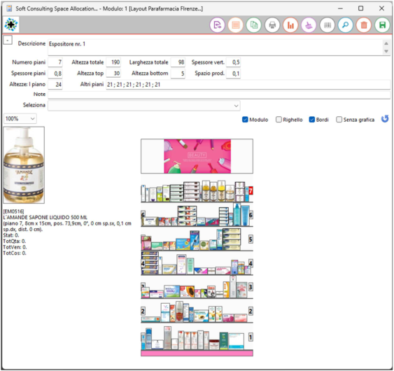 Schermata del programma con una visualizzazione dello scaffale di magazzino