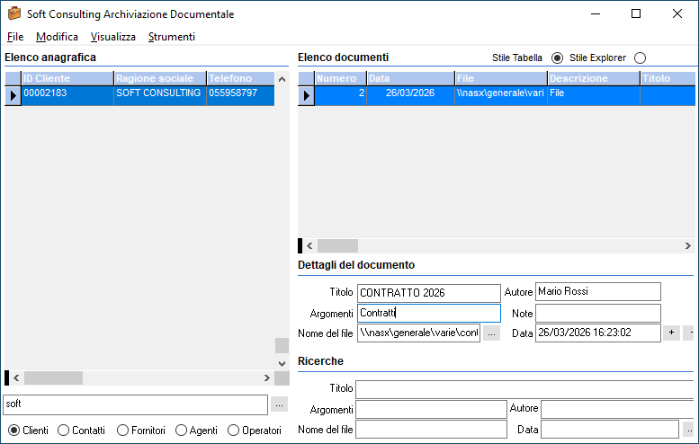 Schermata dell'interfaccia dell'addon per l'archiviazione documentale