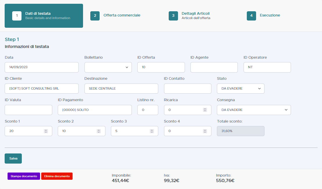 Schermata del form di inserimento per i dati del cliente