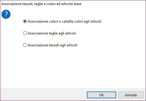 Schermata delle impostazioni di setup del modulo Taglie e Colori
