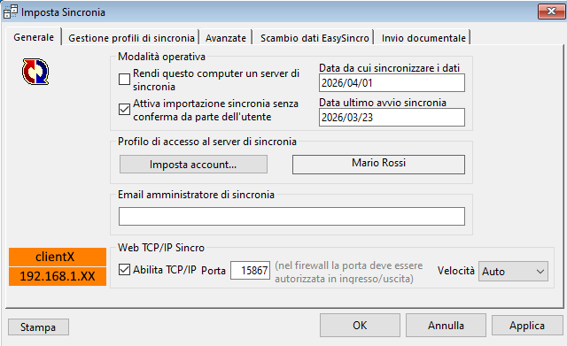 Schermata iniziale dell'add-on Sincronia Dati