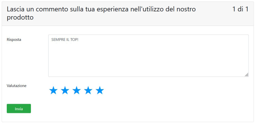 Screenshot del form per inviare un feedback a Soft Consulting direttamente dall'interfaccia del prodotto in uso. Il form ha un campo di testo per il messaggio, un campo per inserire la valutazione sottoforma di stelle da 1 a 5 e il pulsnte di invio.