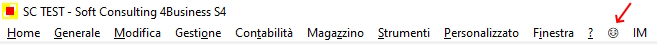 Screenshot della barra del menu del programma Soft Consulting 4Business S4, dove è indicata da una freccia rosse l'emoticon di un volto che sorride. Cliccandolo si apre il tool per inviare il feedback