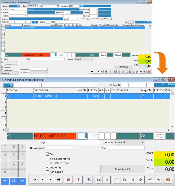 Immagine che mostra il prima e dopo dell'interfaccia del punto vendita. Nel dopo il layout è ottimizzato per l'uso touch con pulsanti più grandi e un tastierino numerico digitale