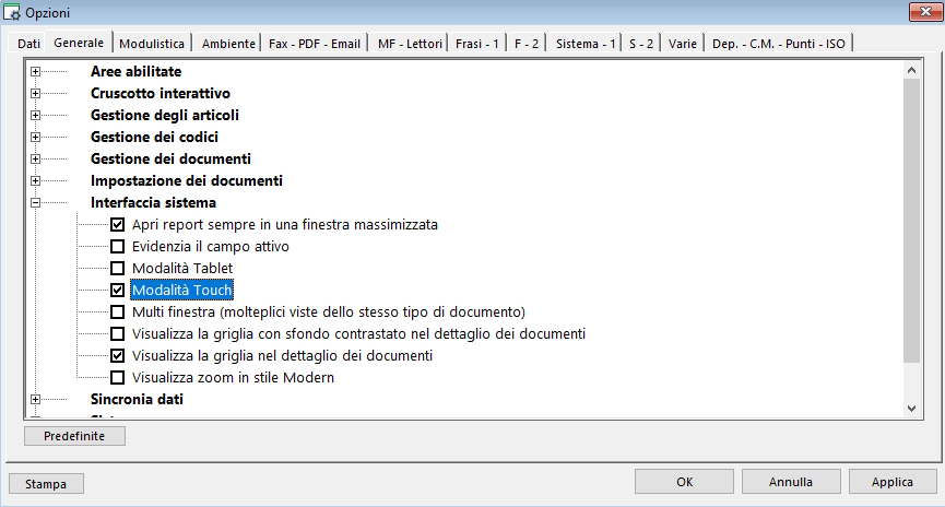 Screenshot di una schermata di opzioni dove è evidenziato l'opzione "Modalità Touch" attiva