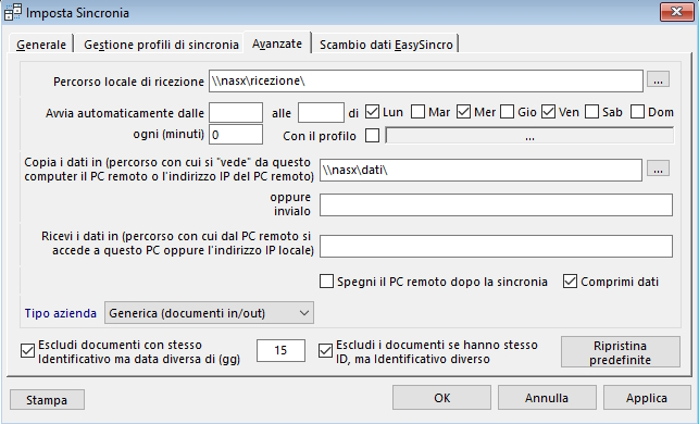 Schermata dell'add-on Sincronia con varie impostazioni